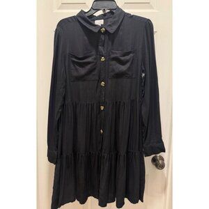 Mud Pie Black Clover Tiered Button-Down Long Sleeve Mini Shirt Dress Small S NWT